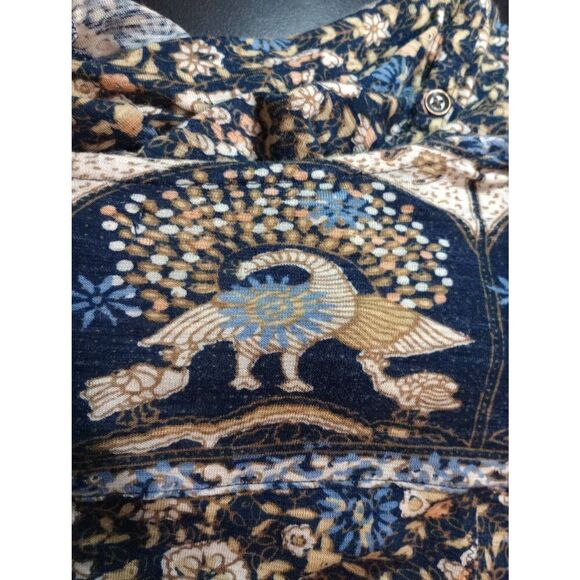 Lucky Brand Shirt Ladies 2x Navy Tan Floral 3/4 Sleeve Scoop Neck Brass Button F - Picture 5 of 8